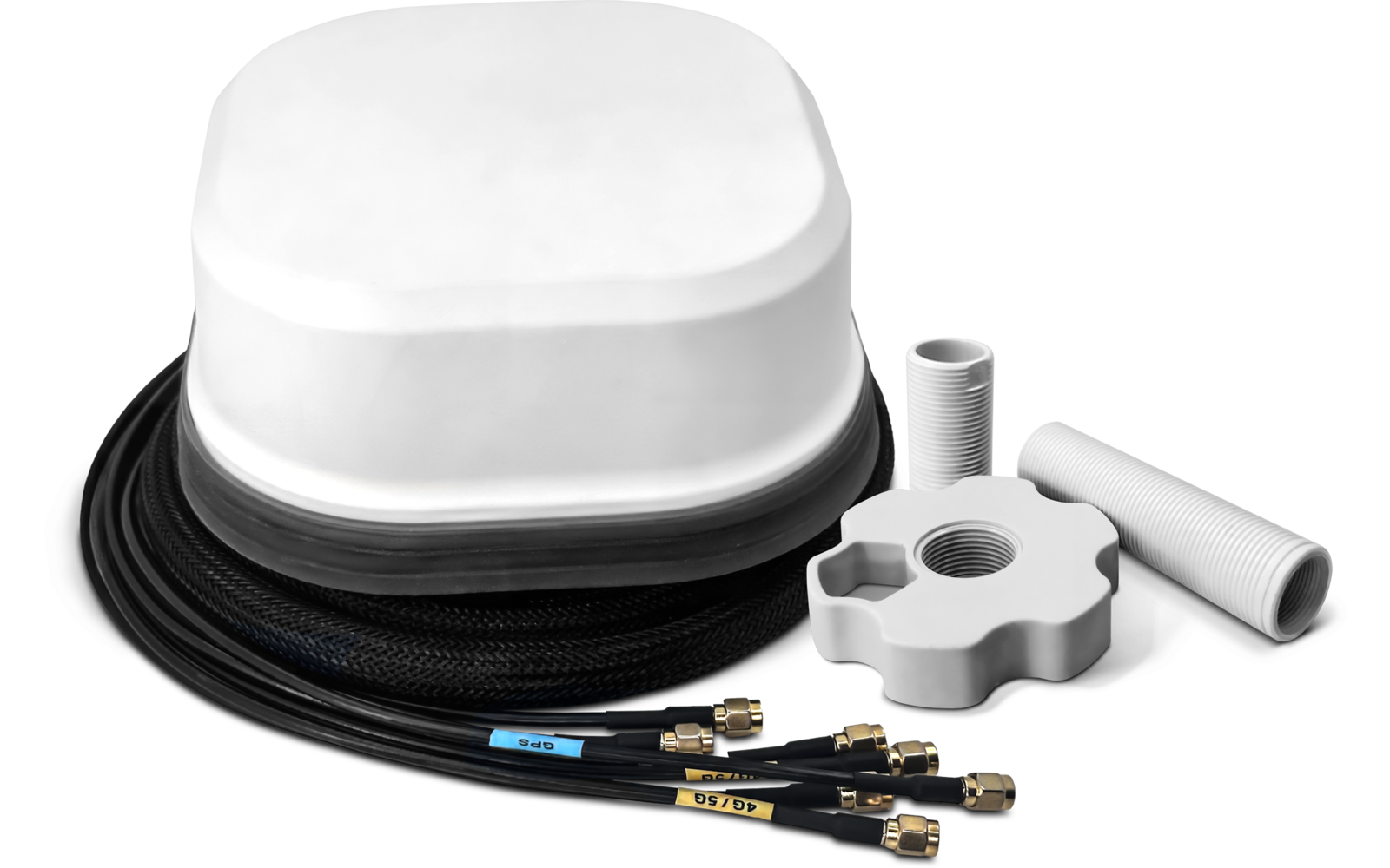 Weißes rundes Gerät mit schwarzem Kabel und angeschlossenen Verbindungsstücken auf weißem Hintergrund