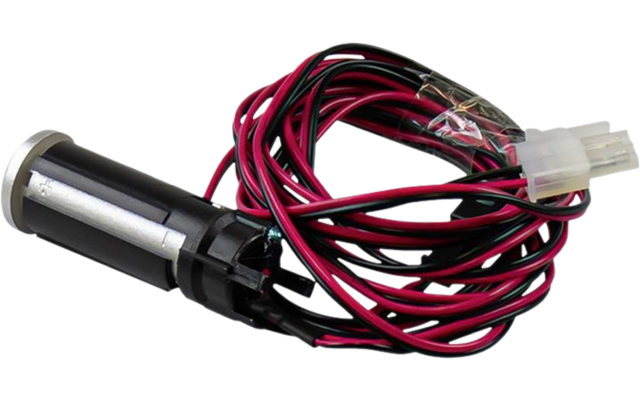 Capteur cylindrique noir avec fils rouges et noirs et connecteur blanc