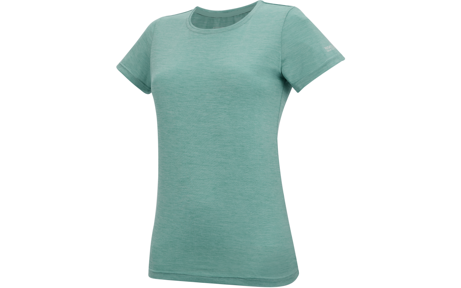 Muntgroen getailleerd T-shirt met korte mouwen, ronde hals en gemêleerde structuur op witte achtergrond