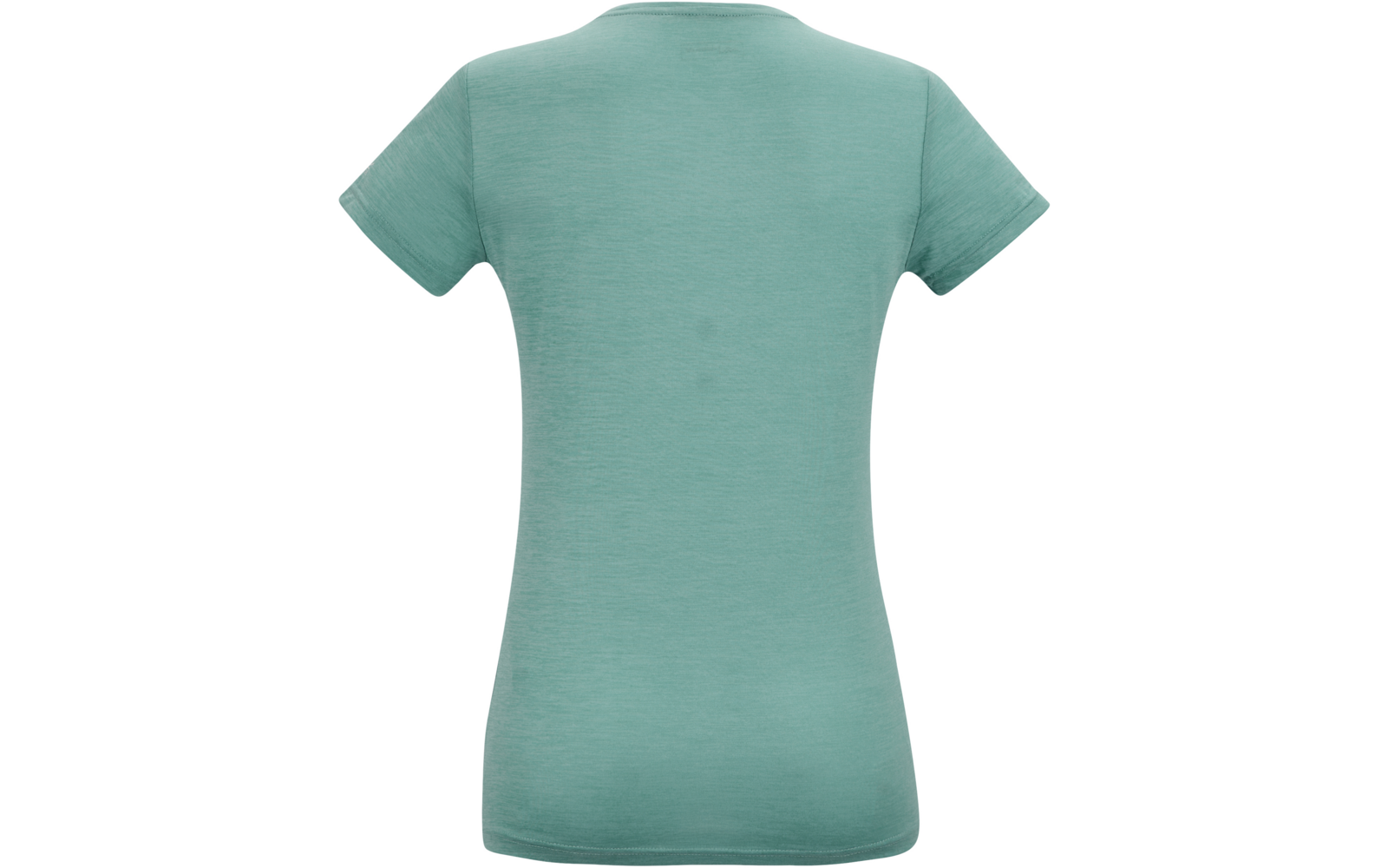 Achteraanzicht van een getailleerd T-shirt met korte mouwen in turkoois op een witte achtergrond