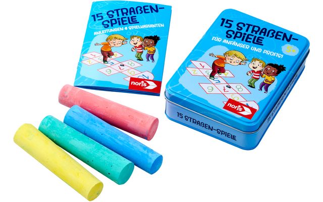 Boîte en plastique bleue avec un personnage de dessin animé imprimé et trois morceaux de craie colorés en jaune, vert et rose devant