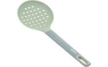 Grüner Küchenschöpflöffel mit Löchern im Schöpflöffelkopf