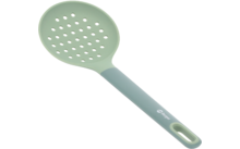 Cuillère à trous verte de cuisine avec des trous dans la tête