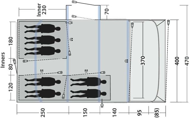 Draufsicht einer technischen Zeichnung mit Fahrzeugfront, rechteckigen Bereichen, Maßangaben in Zentimetern, Linien, Pfeilen und schwarzen Personen-Silhouetten in liegender Position