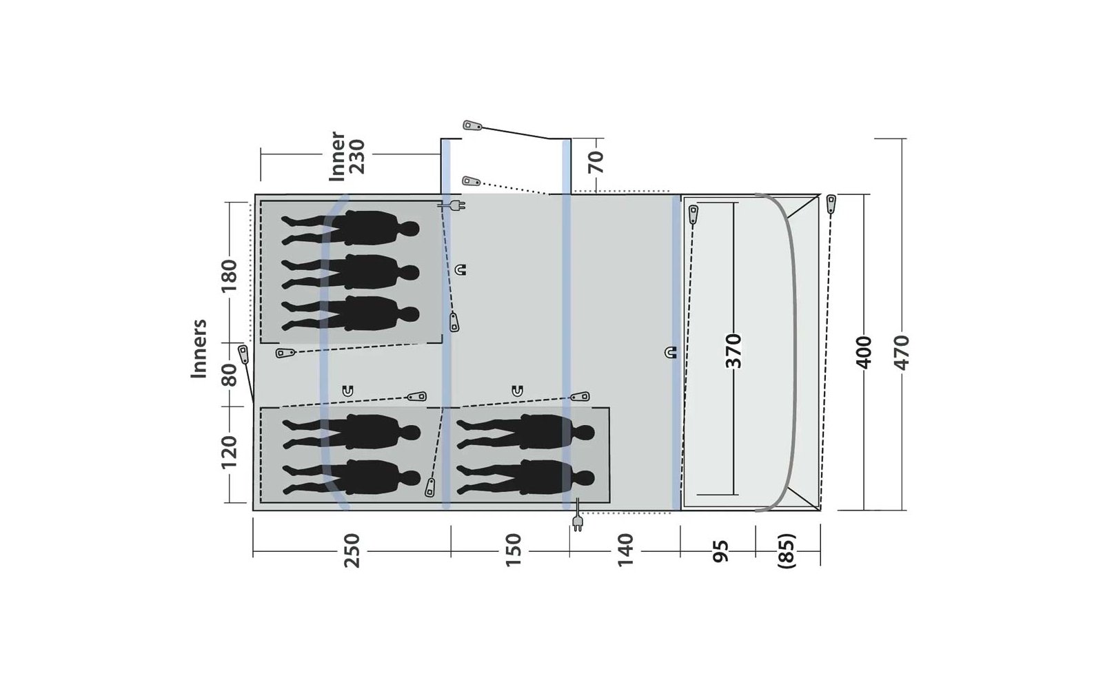Draufsicht einer technischen Zeichnung mit Fahrzeugfront, rechteckigen Bereichen, Maßangaben in Zentimetern, Linien, Pfeilen und schwarzen Personen-Silhouetten in liegender Position