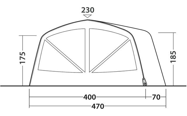 Vorderansicht einer gebogenen Struktur mit zwei dreieckigen Fenstersegmenten, mittiger vertikaler Naht, Reißverschluss rechts unten; beschriftete Maße: oben 230 cm, links 175 cm, rechts 185 cm, unten 400 cm und 70 cm (gesamt 470 cm)