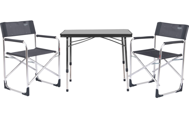 Klapptisch mit zwei Klappstühlen aus Metall und schwarzem Sitz- und Rückenbereich