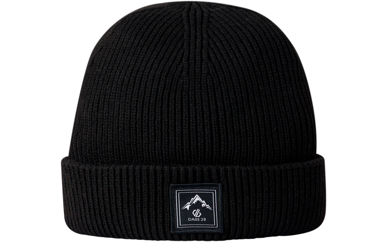 Gorro de punto negro acanalado con doblez y parche cuadrado con motivo de montaña y texto 'DARE 2B'