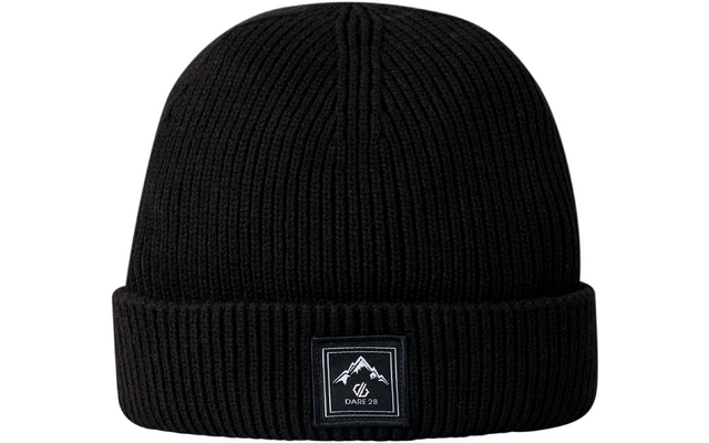 Gorro de punto negro acanalado con doblez y parche cuadrado con motivo de montaña y texto 'DARE 2B'