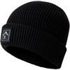Gorro de punto negro acanalado con dobladillo doblado y etiqueta rectangular de tela con símbolo de montaña