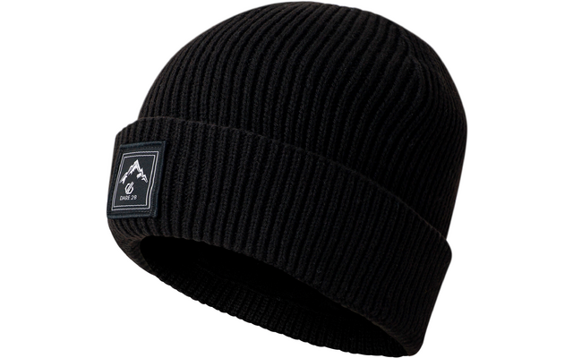 Gorro de punto negro acanalado con dobladillo doblado y etiqueta rectangular de tela con símbolo de montaña