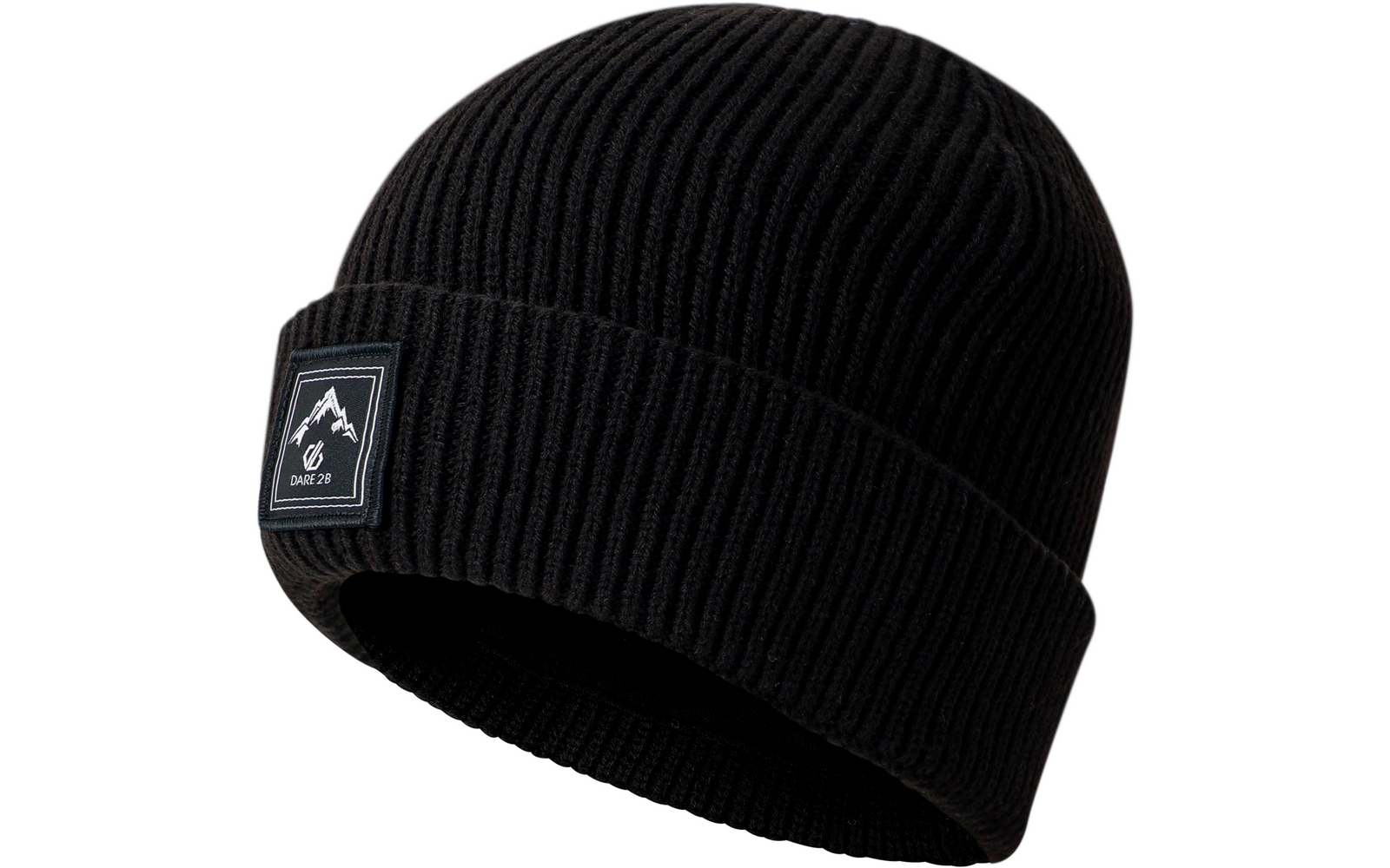Gorro de punto negro acanalado con dobladillo doblado y etiqueta rectangular de tela con símbolo de montaña