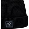 Gorro de punto negro acanalado con borde vuelto y parche cuadrado con silueta de montaña y texto 'DAICE 28'