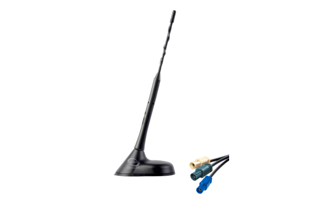 Schwarze Stabantenne mit Kabel und verschiedenen Steckern