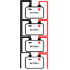 Quatre pictogrammes de batterie empilés verticalement portant les mentions 'BATTERIE 1' à 'BATTERIE 4', chacun avec un signe plus en haut à droite ; des lignes noires à gauche et rouges à droite relient les batteries