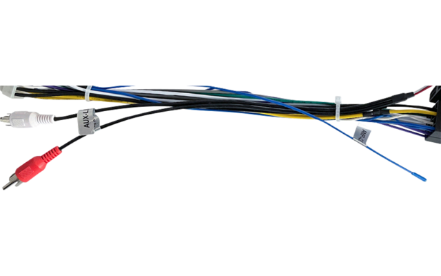 Encadrement rectangulaire en plastique noir avec deux ouvertures horizontales; cadre métallique rectangulaire argenté avec ouverture intérieure rectangulaire; quatre leviers métalliques plats avec extrémités annulaires; trois courtes vis argentées; huit petites pièces en plastique noir; faisceau de câbles avec fils colorés et plusieurs connecteurs, dont une fiche RCA rouge