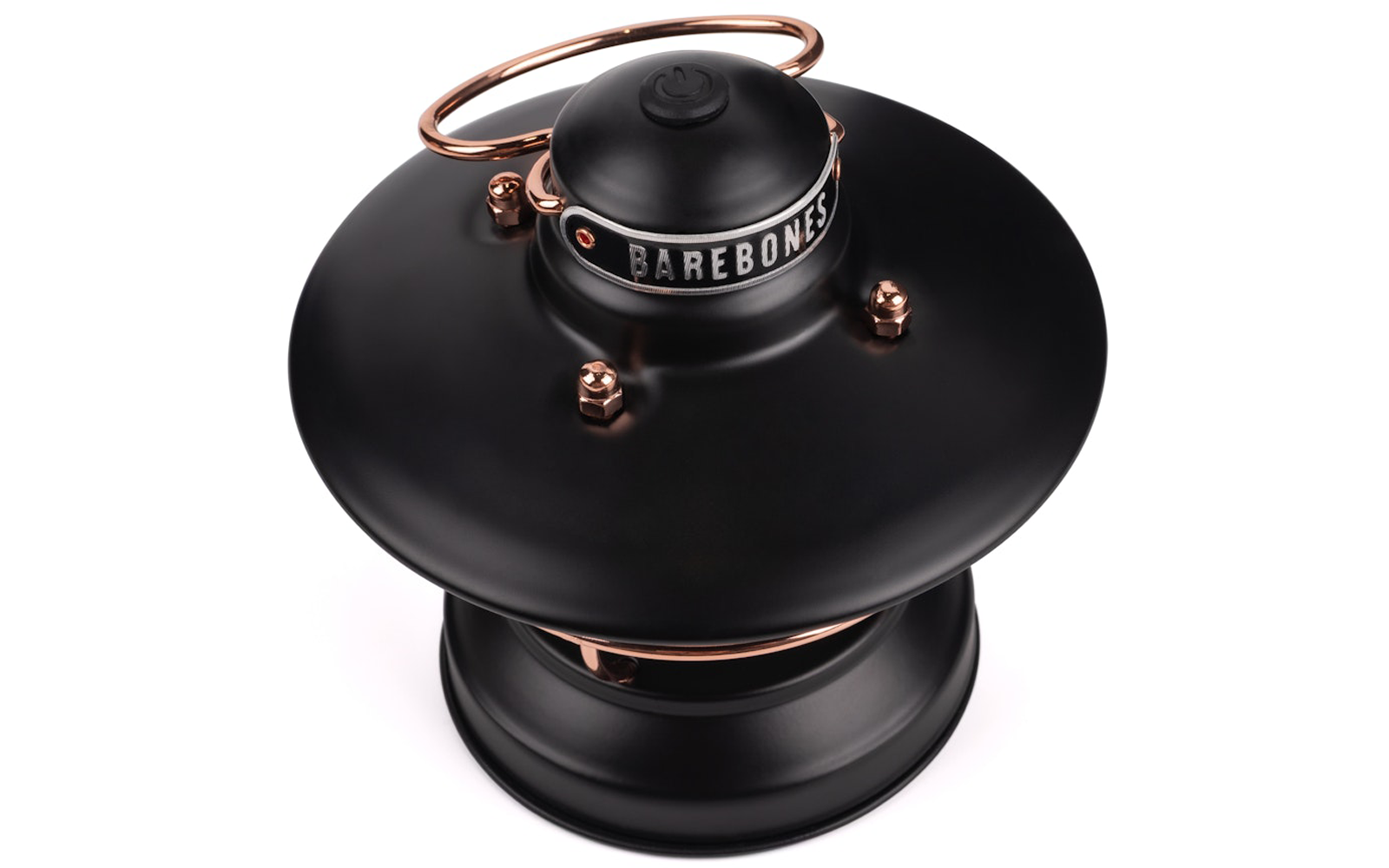 Zwart rond lampomhulsel met platte bovenkant, koperen draagbeugel, drie zichtbare koperen bouten en de tekst 'BAREBONES' op de bovenste ring