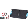 Zusammengeklappte tragbare Solarpanels mit blauen Griffen und Kabel mit Adapter und Kontrollgerät