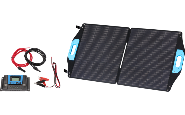 Zusammengeklappte tragbare Solarpanels mit blauen Griffen und Kabel mit Adapter und Kontrollgerät