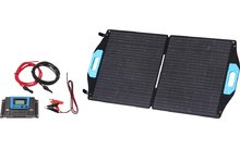 Opgevouwen draagbare zonnepanelen met blauwe handgrepen en kabels met adapter en bedieningsapparaat