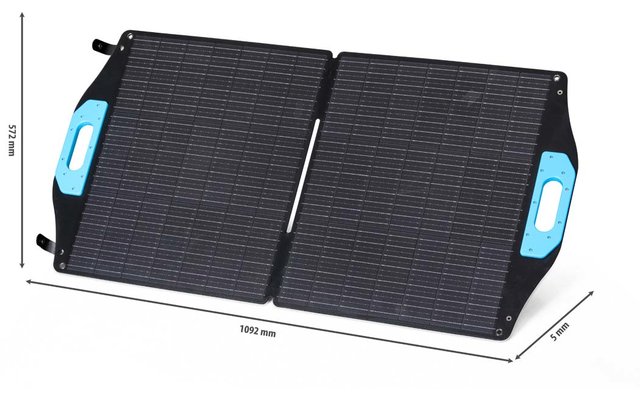 Pannello solare pieghevole con due segmenti e maniglie blu, misure laterali visibili