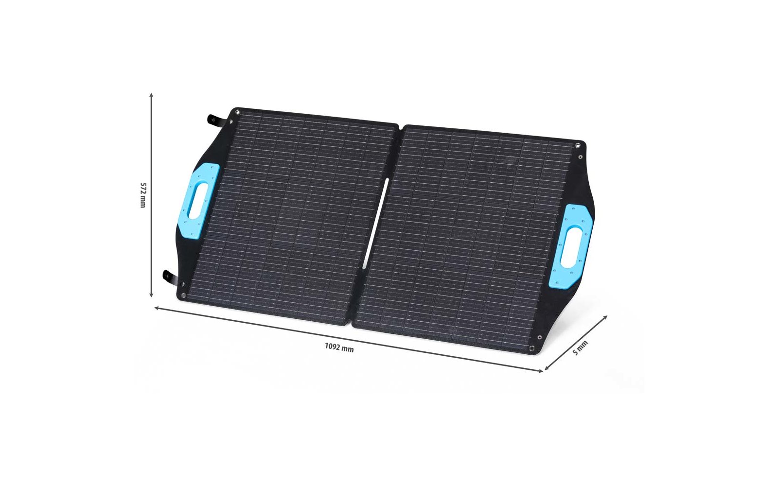 Pannello solare pieghevole con due segmenti e maniglie blu, misure laterali visibili