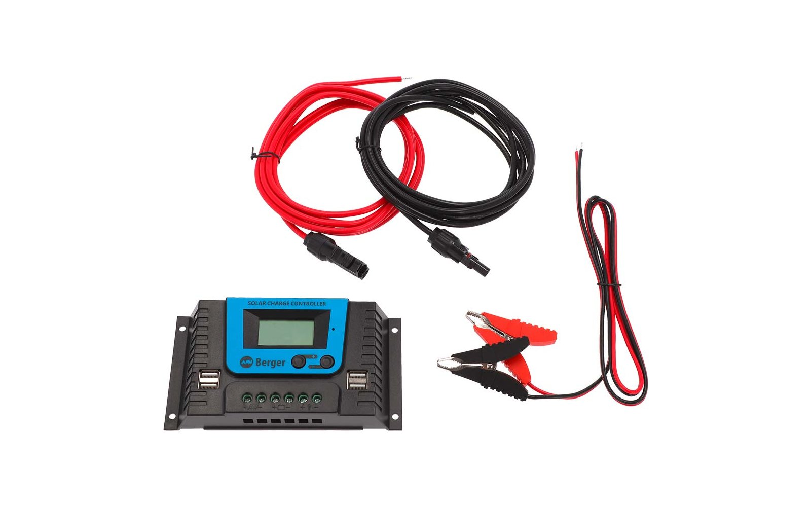Regolatore di carica solare con display digitale e due cavi collegati, uno con connettori rossi e neri, l'altro con pinze a coccodrillo