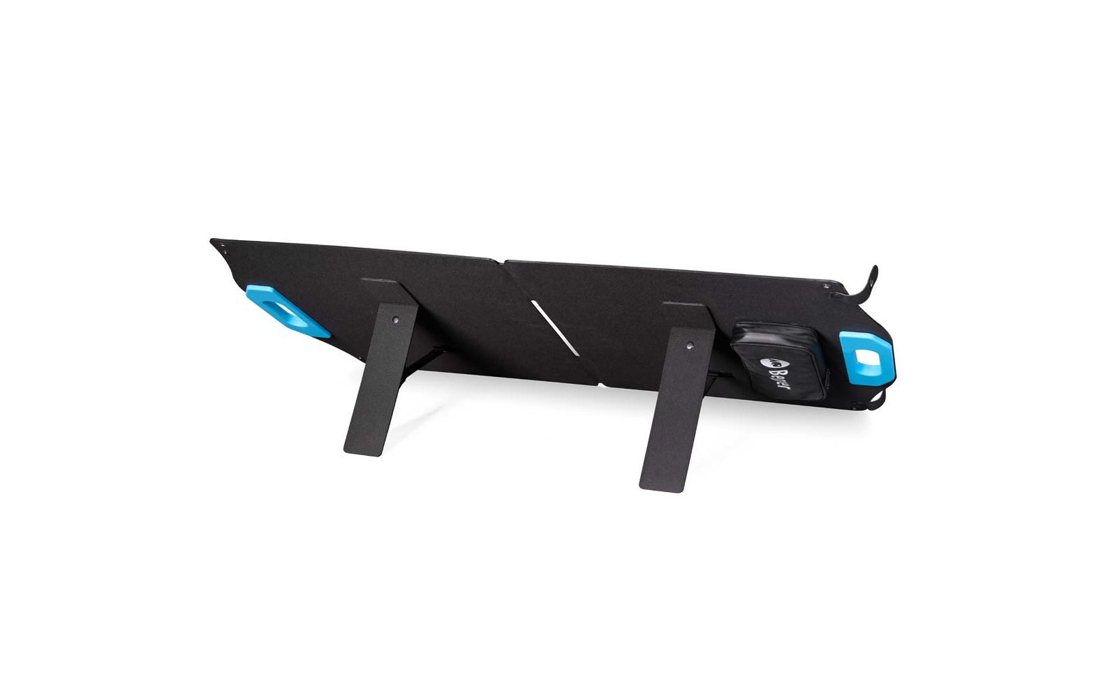Dispositivo rettangolare nero con due supporti pieghevoli e elementi blu alle estremità