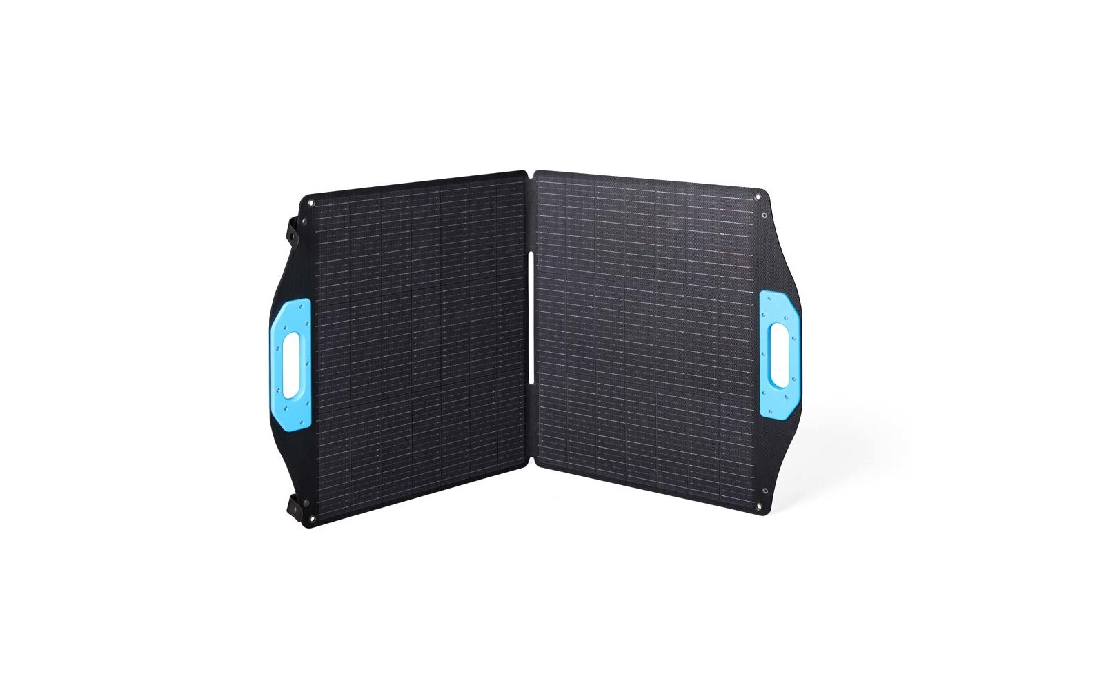 Pannello solare pieghevole aperto con celle solari nere e maniglie blu ai lati