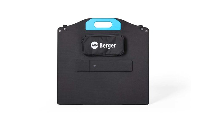 Borsa nera con manico blu e logo Berger su sfondo bianco