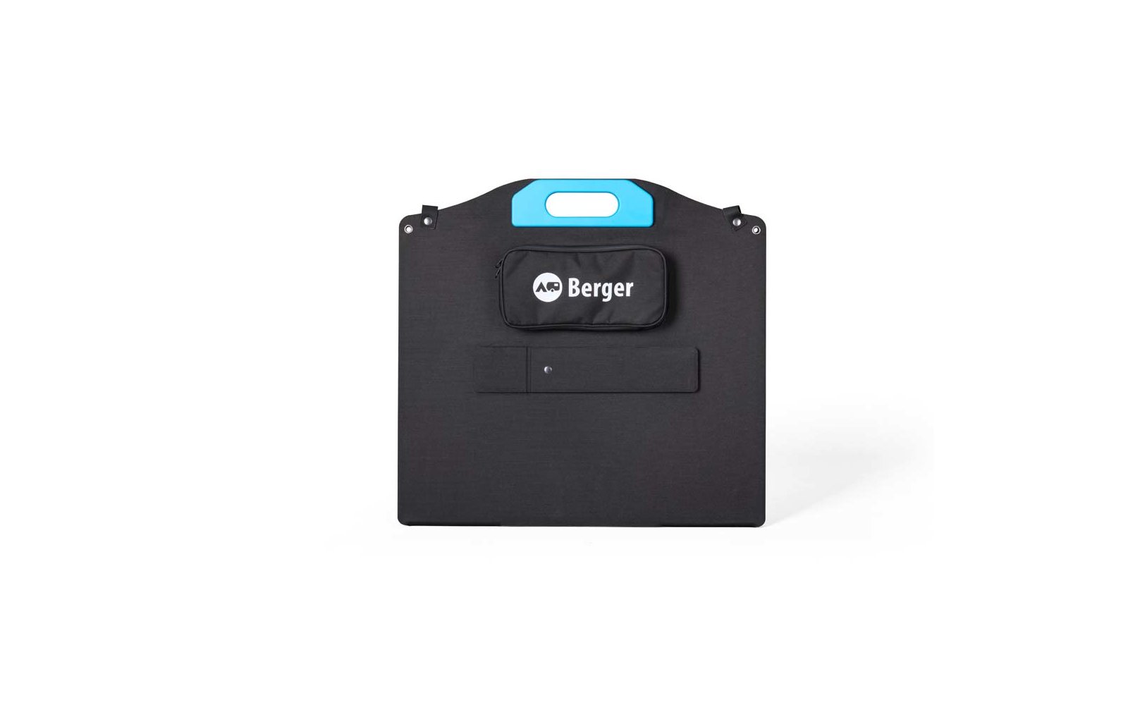Borsa nera con manico blu e logo Berger su sfondo bianco