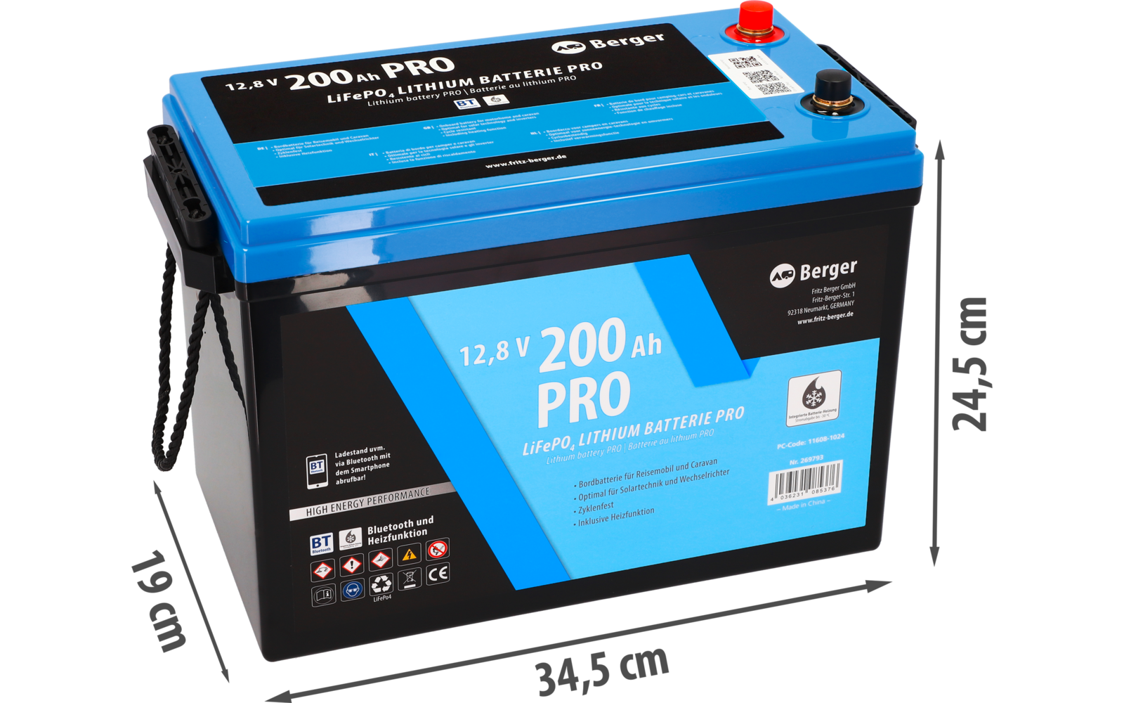 Batterie de voiture noire avec étiquette bleue et borne positive rouge