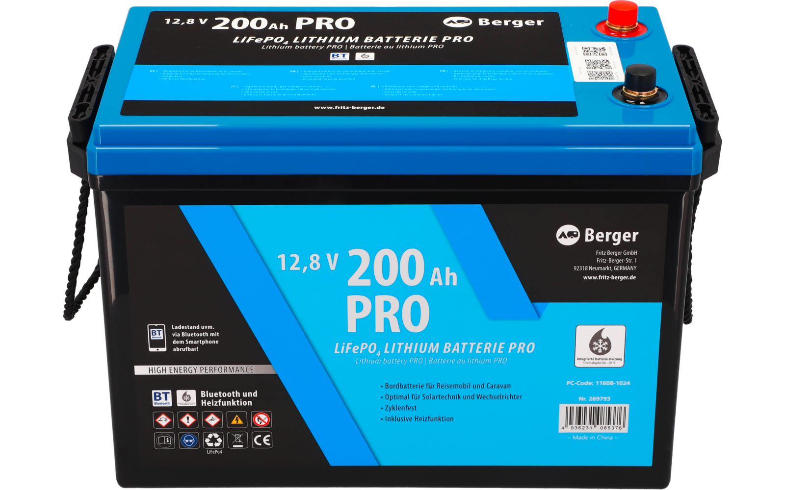 Batterie de voiture bleue et noire avec inscription 12,8 V 200 Ah PRO