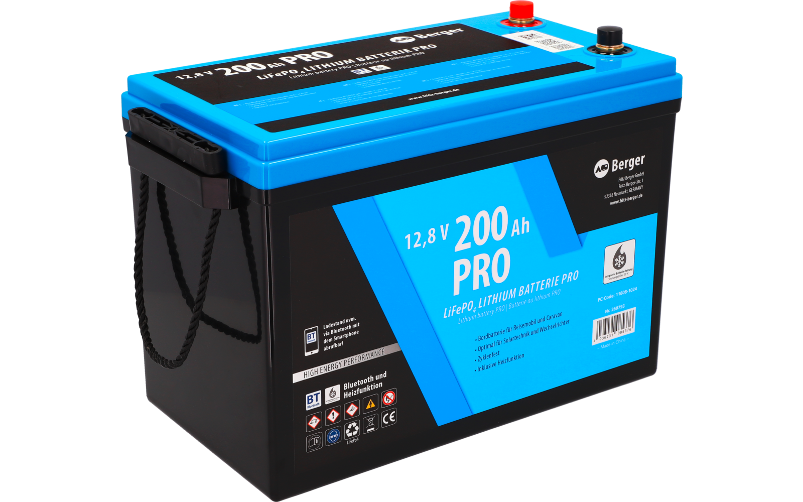 Batterie de voiture bleue et noire avec inscription 12V 200A PRO