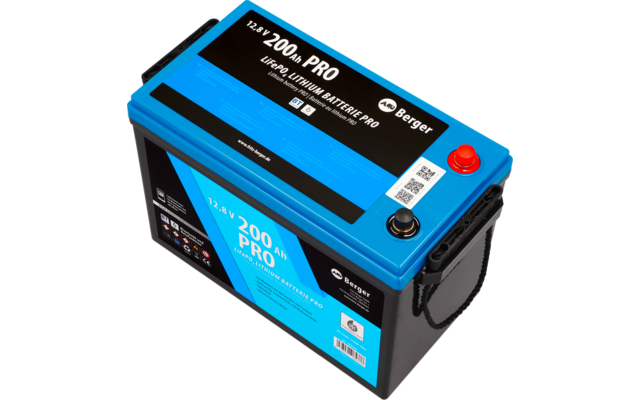 Batterie de voiture bleue et noire avec étiquette et borne positive rouge