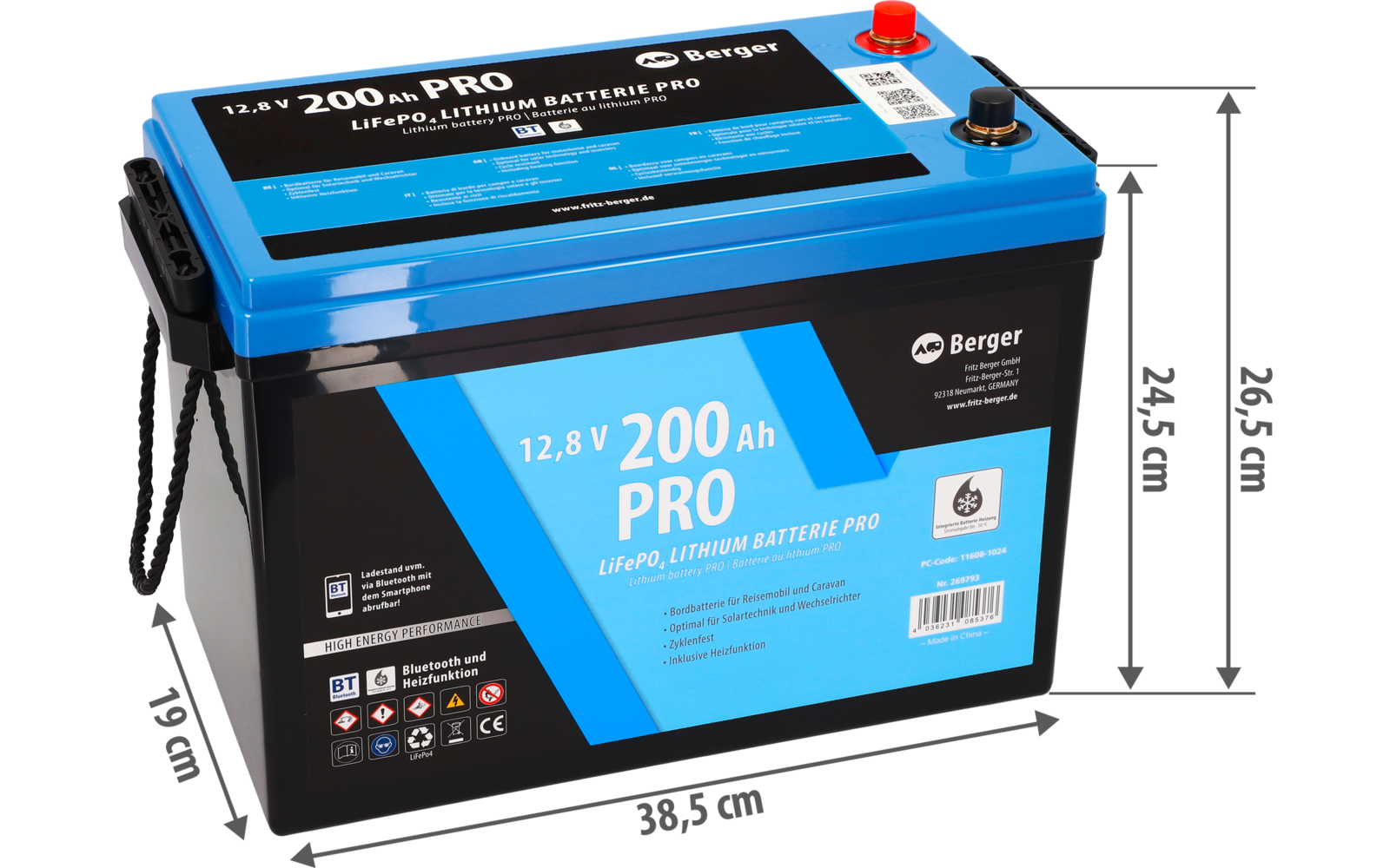 Schwarze Autobatterie mit blauem Etikett und rotem Pluspol