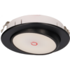Plafonnier encastré rond avec bord noir, diffuseur blanc, symbole marche/arrêt rouge au centre et clips à ressort métalliques sur les côtés