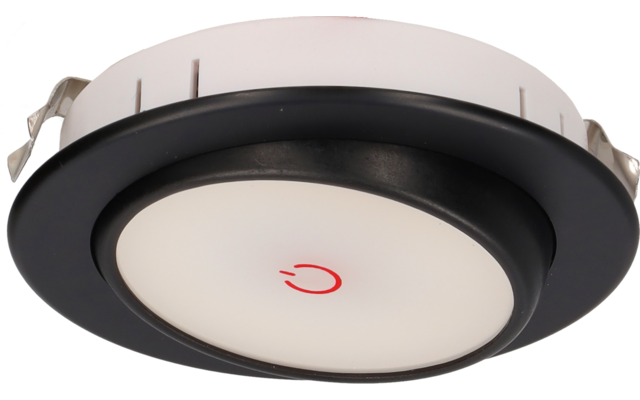 Plafonnier encastré rond avec bord noir, diffuseur blanc, symbole marche/arrêt rouge au centre et clips à ressort métalliques sur les côtés