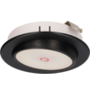 Plafonnier encastré rond avec cadre noir, diffuseur blanc, symbole d'alimentation rouge au centre et clip de fixation métallique