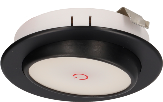 Plafonnier encastré rond avec cadre noir, diffuseur blanc, symbole d'alimentation rouge au centre et clip de fixation métallique