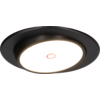 Luminaire rond avec bord noir, surface blanche éclairée et symbole d'alimentation rouge au centre