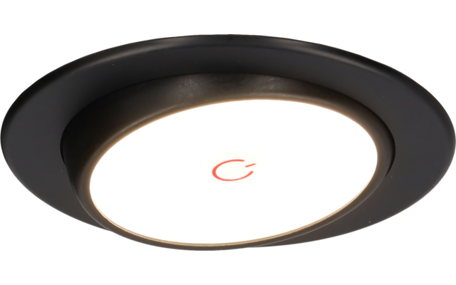 Luminaire rond avec bord noir, surface blanche éclairée et symbole d'alimentation rouge au centre