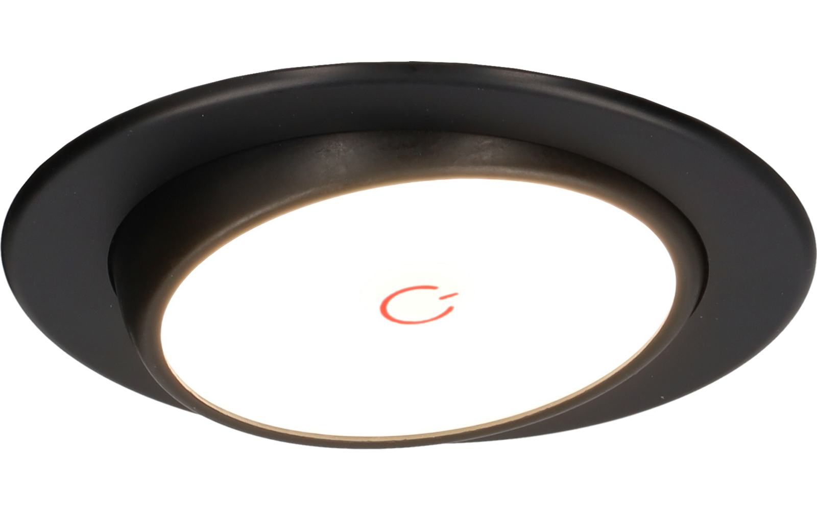 Luminaire rond avec bord noir, surface blanche éclairée et symbole d'alimentation rouge au centre