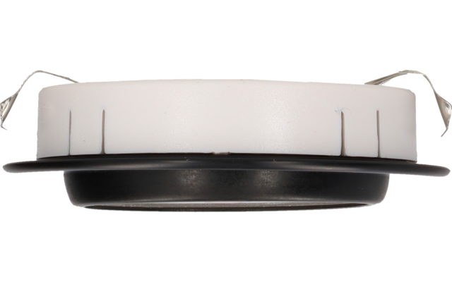 Anneau rond en plastique blanc avec un insert circulaire noir et deux fils blancs fins, isolé sur fond blanc