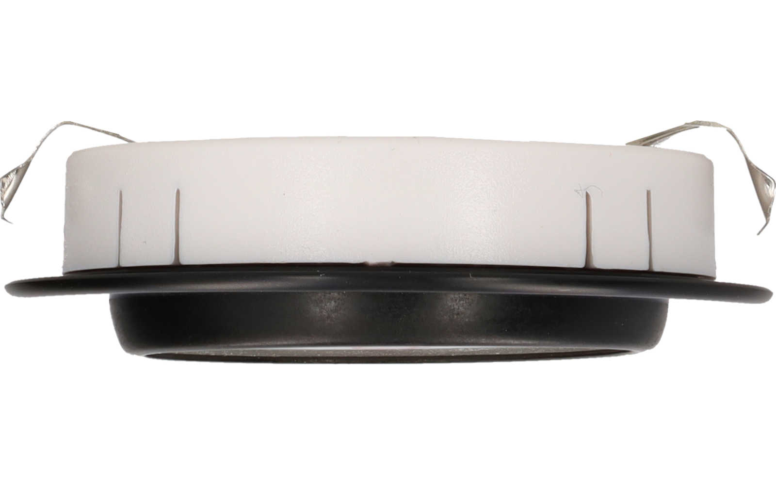 Anneau rond en plastique blanc avec un insert circulaire noir et deux fils blancs fins, isolé sur fond blanc