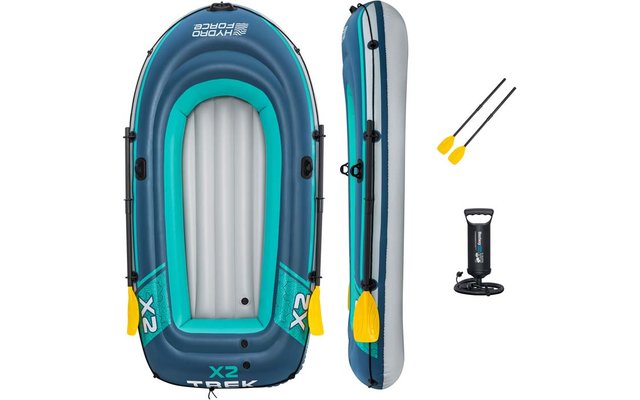 Aufblasbares Boot in Blau und Türkis, Draufsicht und Seitenansicht, zwei Paddel mit gelben Blattflächen und schwarze Handpumpe