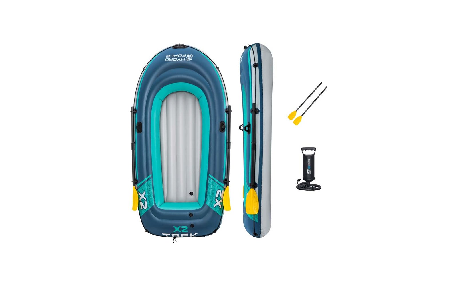 Aufblasbares Boot in Blau und Türkis, Draufsicht und Seitenansicht, zwei Paddel mit gelben Blattflächen und schwarze Handpumpe