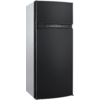 Black refrigerator with top freezer, two doors and a control panel between the doors