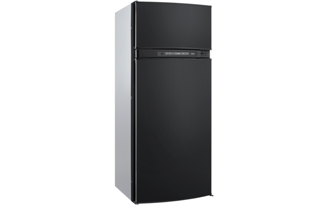 Black refrigerator with top freezer, two doors and a control panel between the doors