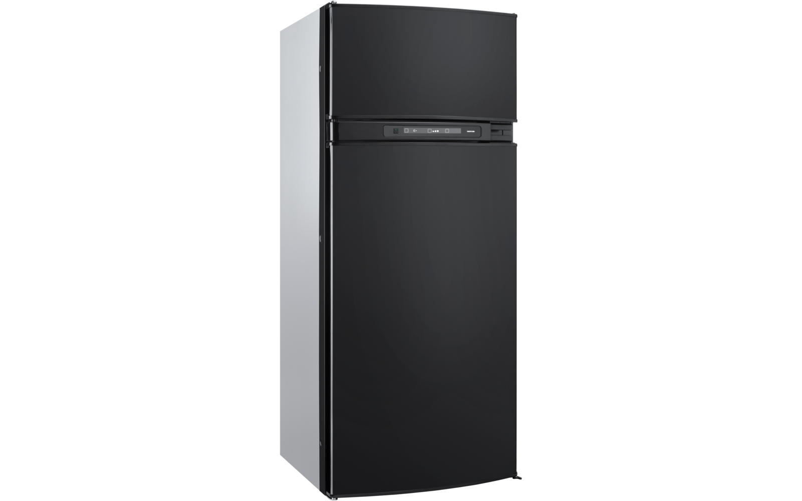 Black refrigerator with top freezer, two doors and a control panel between the doors